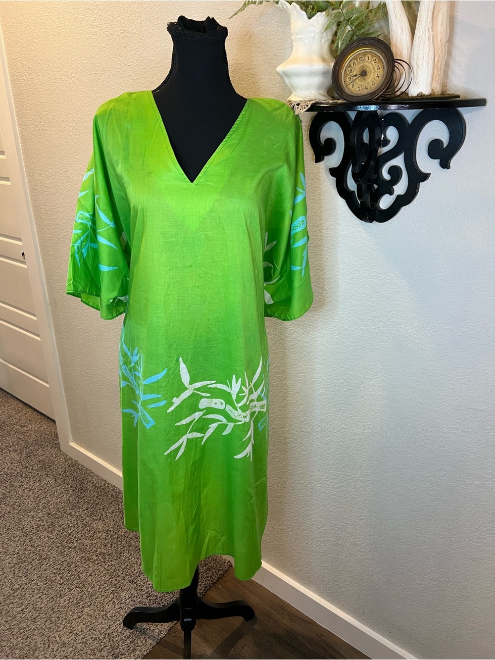 Caribelle Batik West Indies Green Kimono‎ Sleeve Kaftan Muumuu Dress O/S Beach